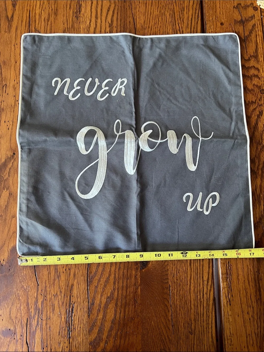 Embroidered Gray Decorative Pillow Cover with Script 